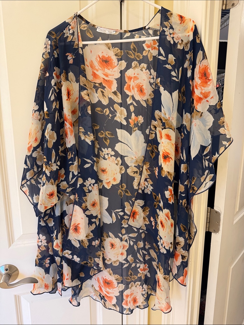 emory park Navy Floral Sheer Kimono with Orange and Cream Blooms